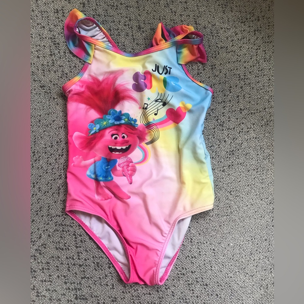 Girls Trolls One-Piece Swimsuit in Pink Rainbow